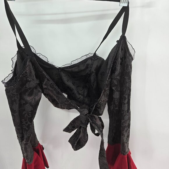 Black Red Velvet Burnout Lace Gothic Dance Crop Back Tie Top Medium - Picture 6 of 8